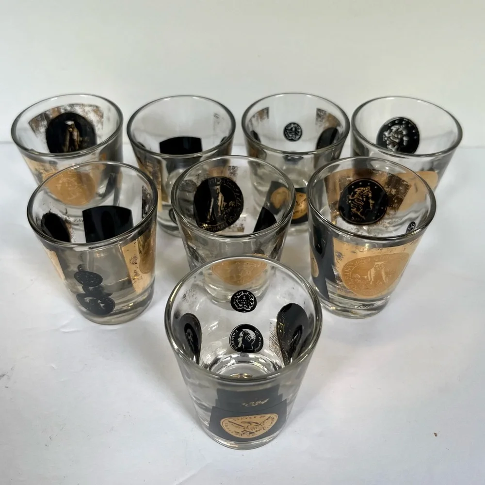 8 VTG Shot Glasses MCM Cera Glass Coins Gold Black Barware Mid-century Modern
